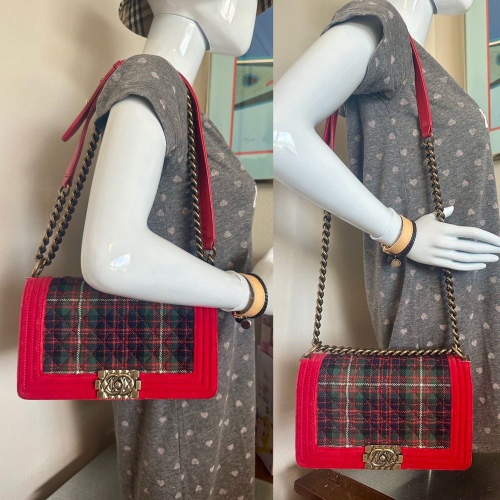 CHANEL Red Velvet and Quilted Plaid Tweed  Small Boy